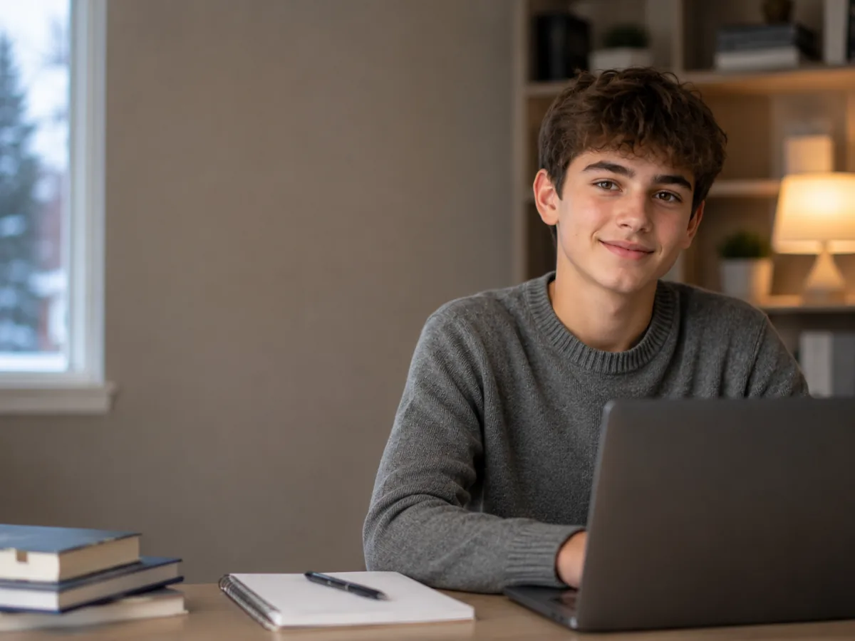 Secondary-school student in Canada studying at a laptop during an online one-to-one tutoring lesson