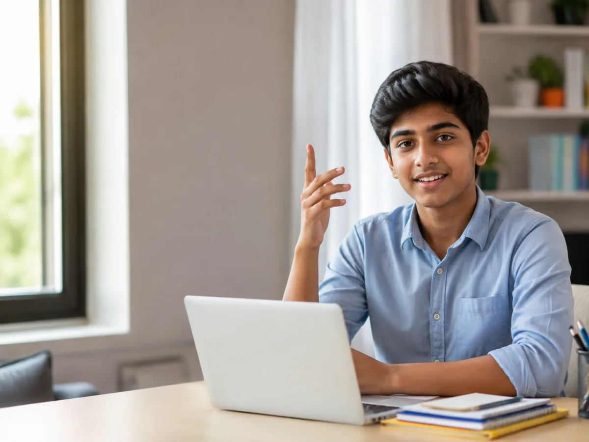 Secondary-school student in India studying at a laptop during an online one-to-one tutoring lesson