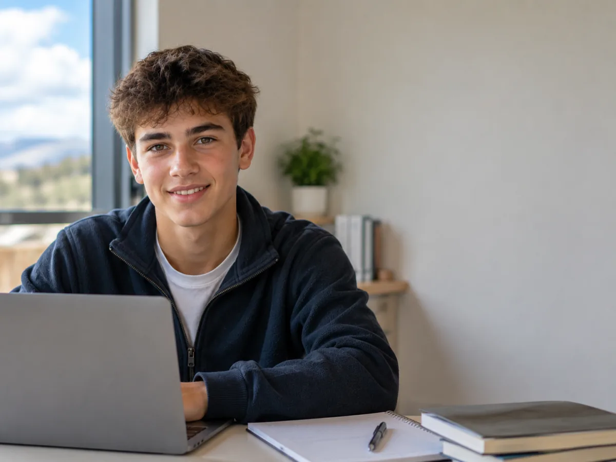 Secondary-school student in New Zealand studying at a laptop during an online one-to-one tutoring lesson