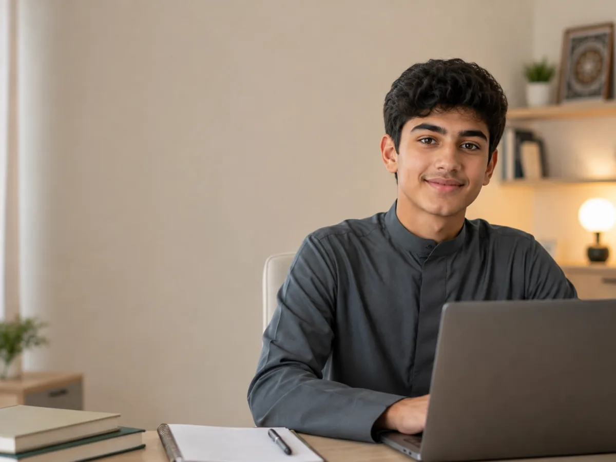 Secondary-school student in Saudi Arabia studying at a laptop during an online one-to-one tutoring lesson