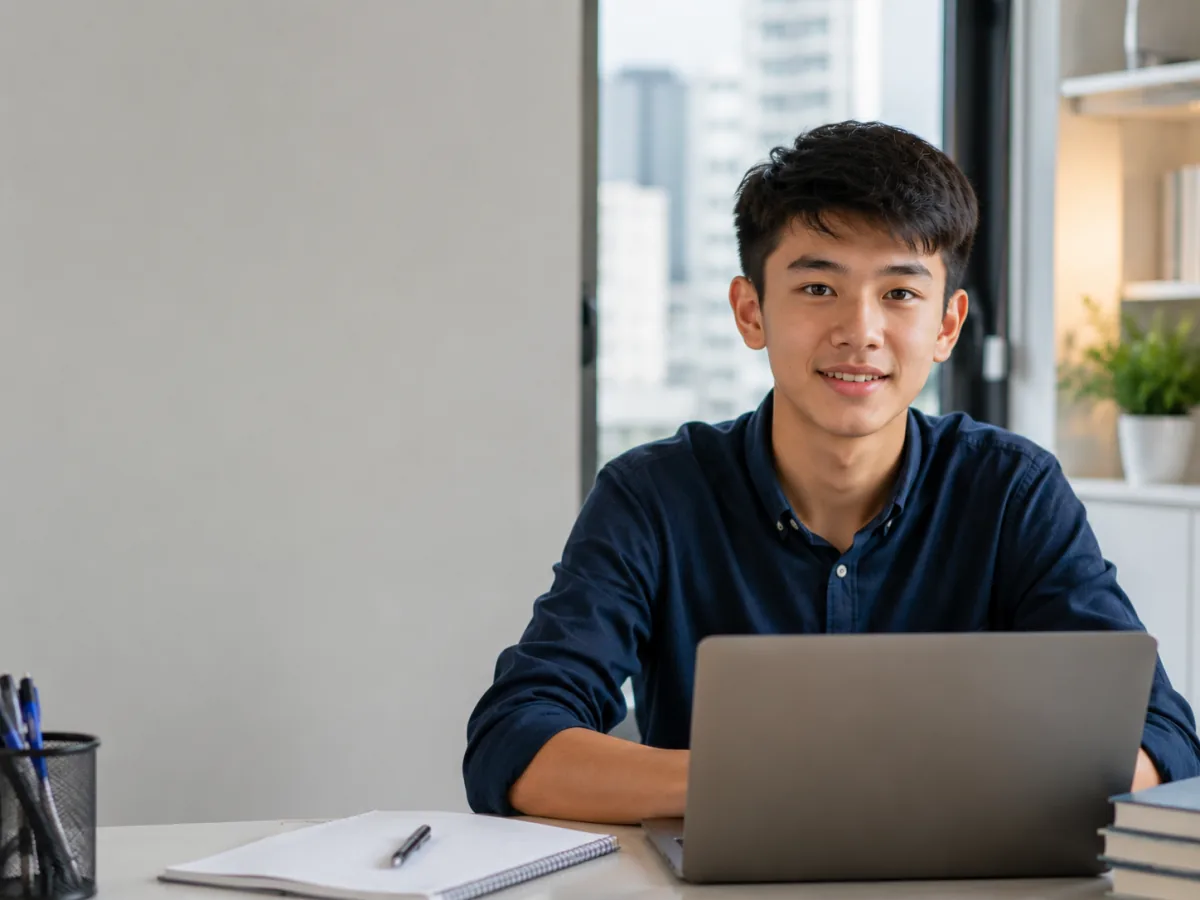 Secondary-school student in Singapore studying at a laptop during an online one-to-one tutoring lesson