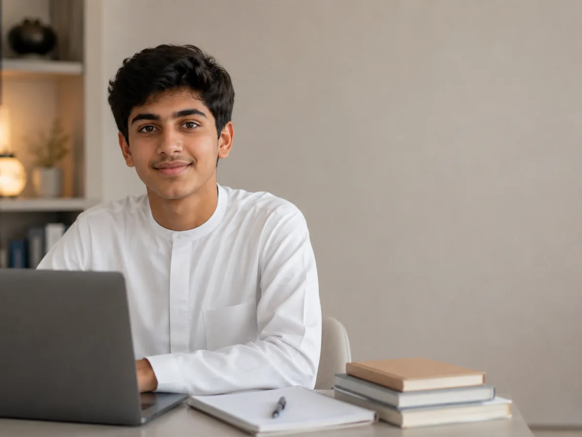 Secondary-school student in the United Arab Emirates studying at a laptop during an online one-to-one tutoring lesson