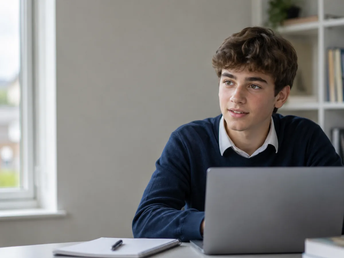 Secondary-school student in the United Kingdom studying at a laptop during an online one-to-one tutoring lesson