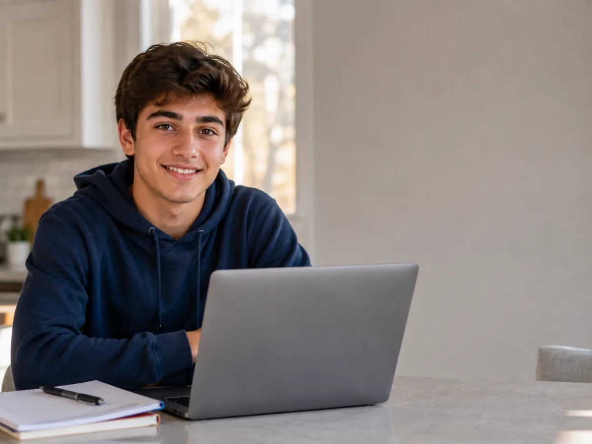 High-school student in the United States working at a laptop during a one-to-one online tutoring session